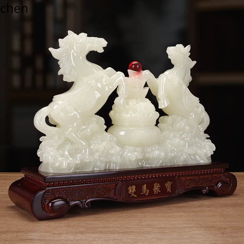 CZ  Double Horse Treasure Basin Ornament for Home Living Room, Entryway Decoration Store, Housewarming, and Opening Gifts