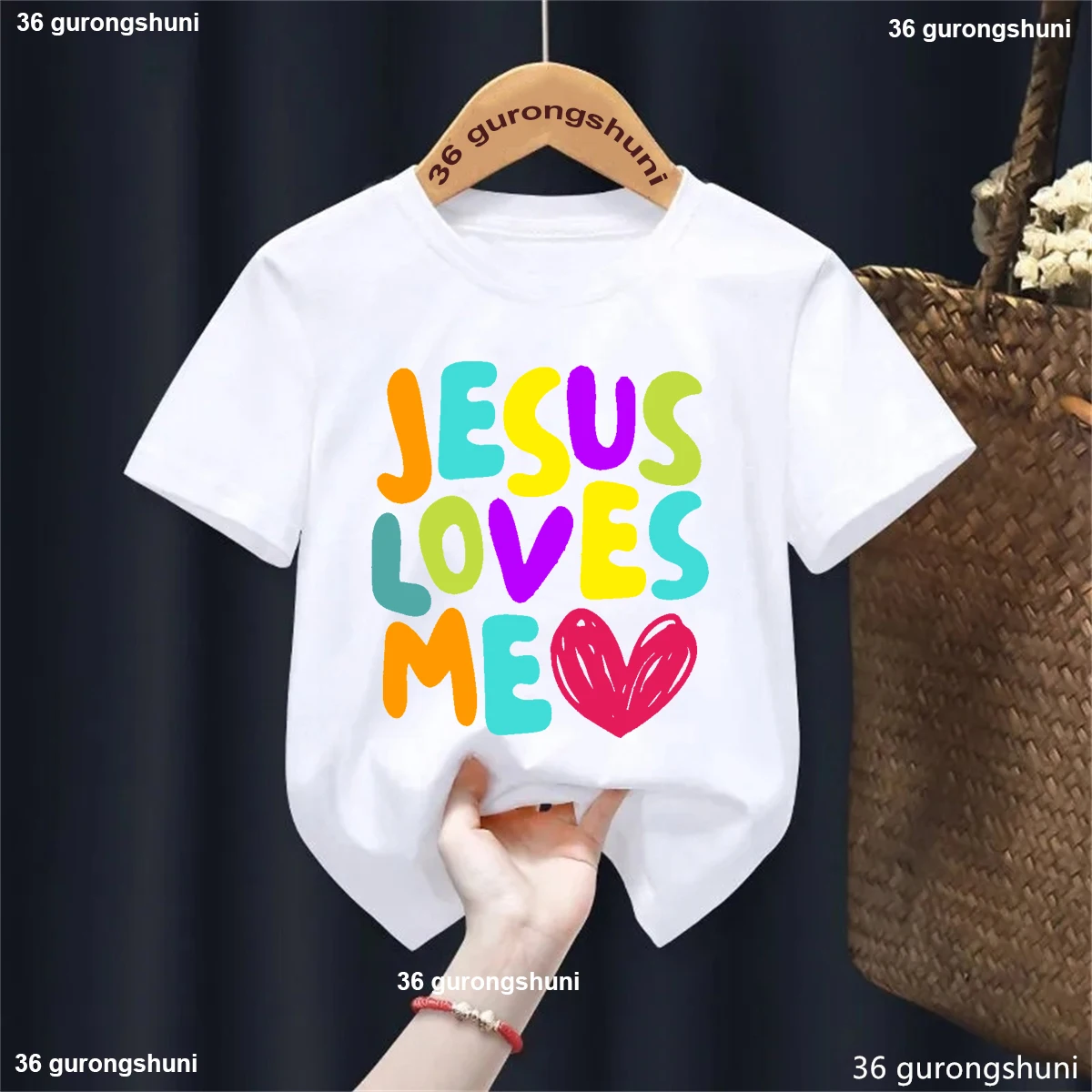 Colorful Rainbow Jesus Loves Me Heart Printed Tshirt Boys/Girls Kawaii Children'S Clothing Summer Short Sleeve Black T-Shirt