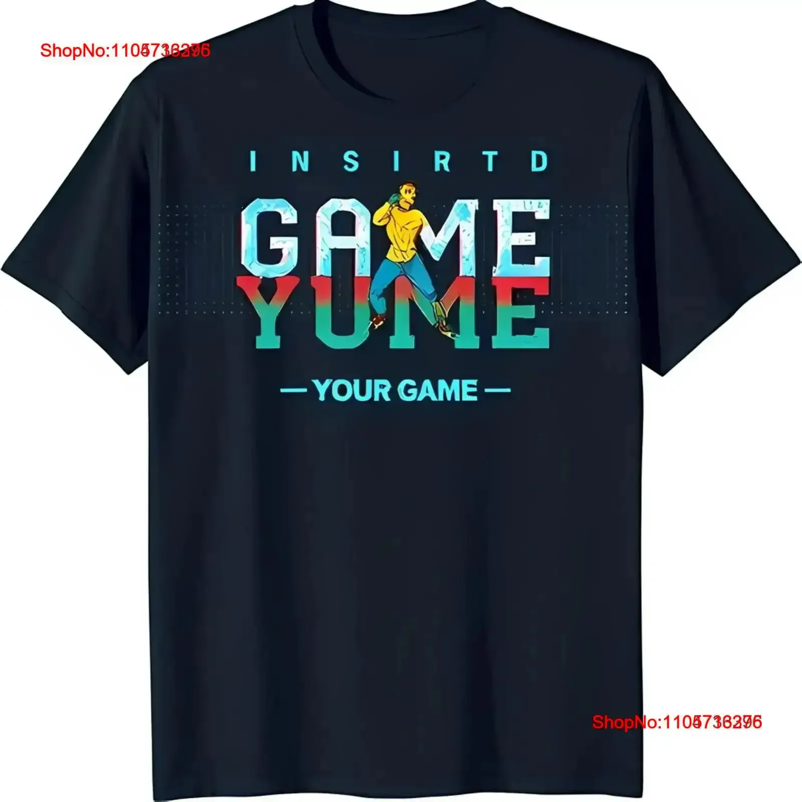 Men's Dark Blue T Shirt with Colorful Pixelated 'INSIRTD GAME YUME' Design vintage Washed designer clothes Stretched Slightly
