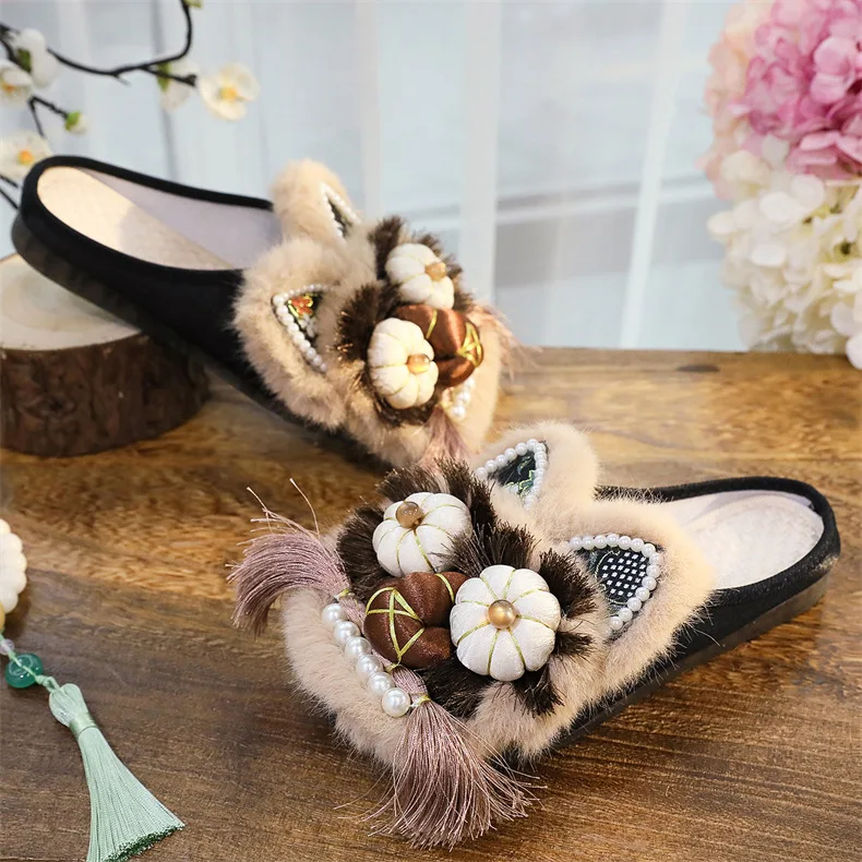 Handmade Ethnic Style Tiger Head Shoes Flat Head Women's Slippers Retro Old Beijing Cloth Shoe Hanfu Embroidered Sandals Summer