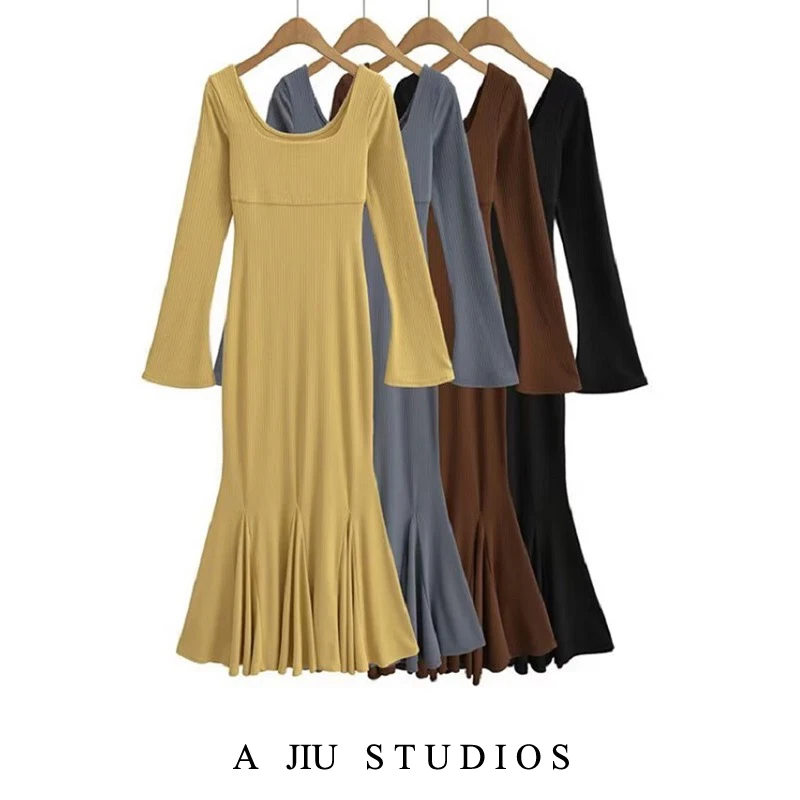 

Ele Mid-Length Bell-Sve Dr Women's Spring Autumn Slimming Fi-Tail Gown Pure Color Long Sve Square Collar Dr
