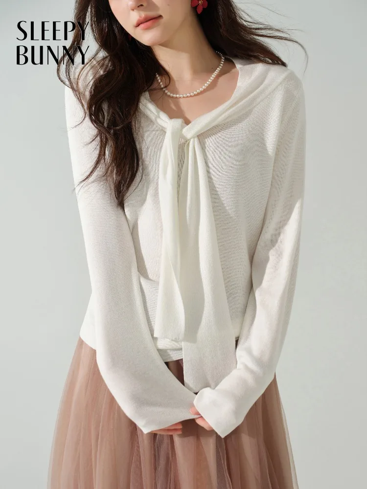 Women Elegant Knit Top V Neck Sweater Slim Stylish Long Sleeve Blouse Autumn Design Sense Pullover with Tie Detail Layered Look