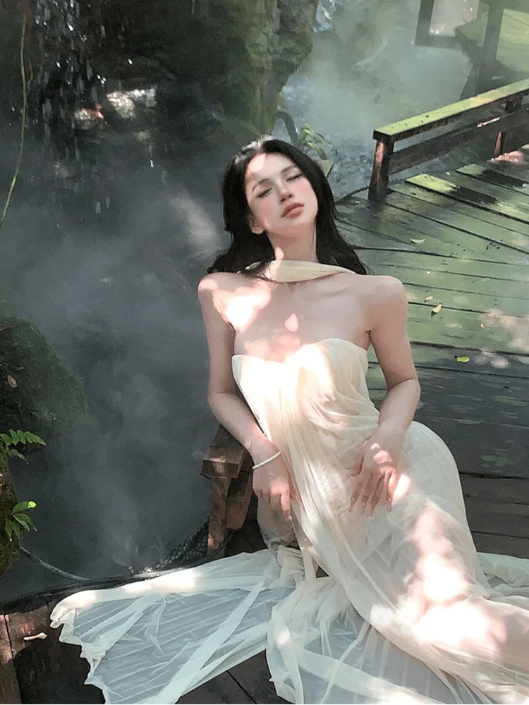 

Женская сексуальная юбка Syj Pure Desire Fairylike с открытыми плечами, длинная, с завышенной талией, А-силуэт, повседневная, летняя, весенняя, больших размеров