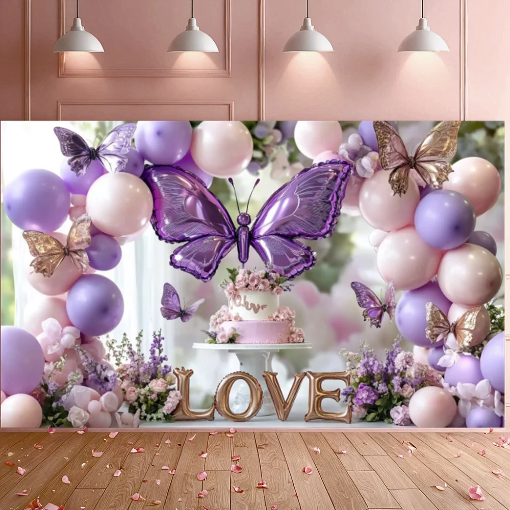 Purple Butterfly Valentine's Day Backdrop Banner Polyester Photography Background DIY Party Decorations for Wedding Celebration