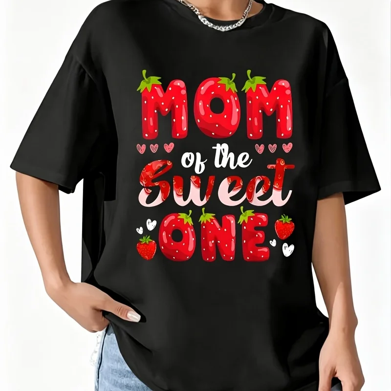 Mom Sweet One Berry First Strawberry Birthday Decorations t Shirt Women's 100% Cotton T-Shirt Fun Print Short Sleeve Top Casual Round Neck Tee S-5Xl
