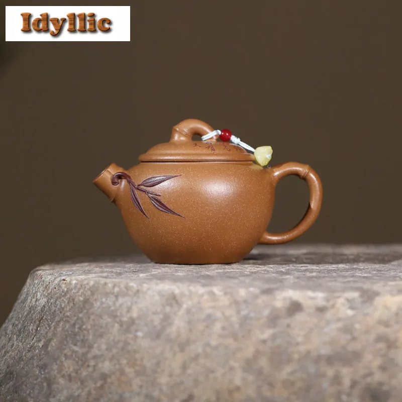 

140ml Yixing Purple Clay Teapots Famous Master Handmade Bamboo Joint Pot Raw Ore Downhill Mud Tea Brewing Kettle Zisha Tea Set