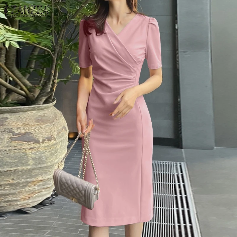 ZANZEA Damen-Kleid, elegant, für Abendpartys, Wickelkleid, V-Ausschnitt, kurze Ärmel, figurbetont, knielang, Kleid für Bürokleidung