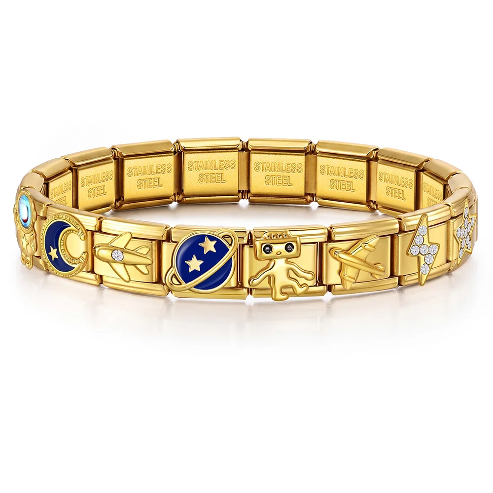 URING Goldfarbene italienische Armbandanhänger in Großpackung: Roboter, Flugzeug, Stern, Planet, Mond für Damen und Herren, DIY Edelstahl 9mm Schmuck – Detail 7