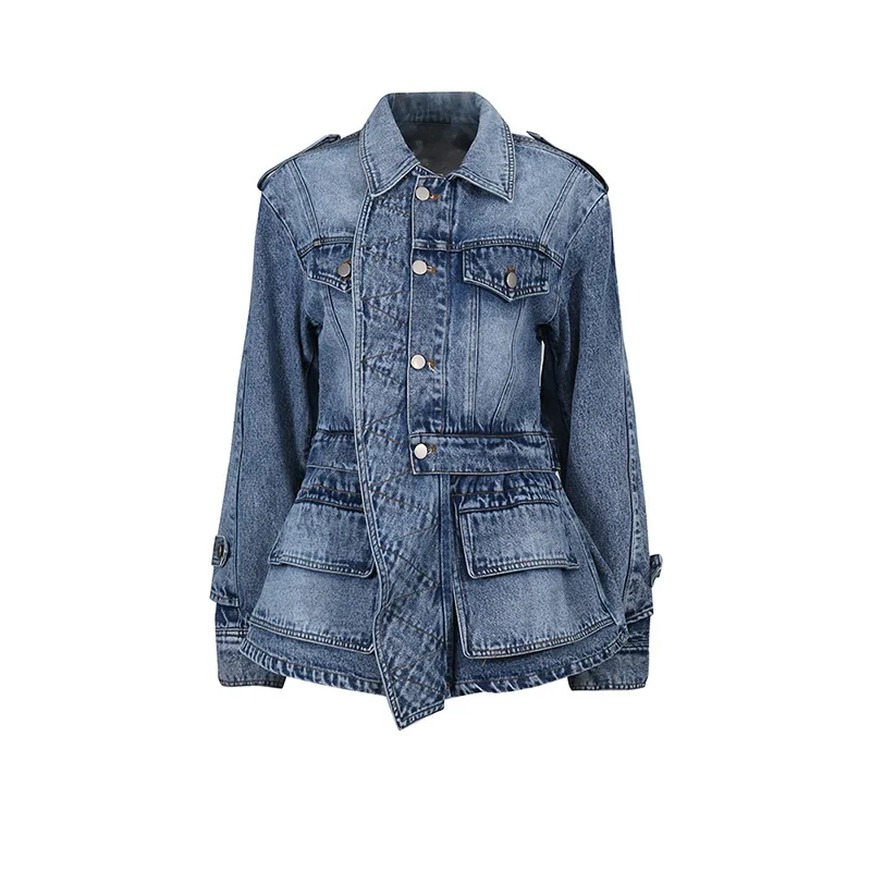 

ALIDI SC новая джинсовая куртка с длинными рукавами для женской уличной одежды, модная однобортная дорожная куртка с рюшами и лацканами