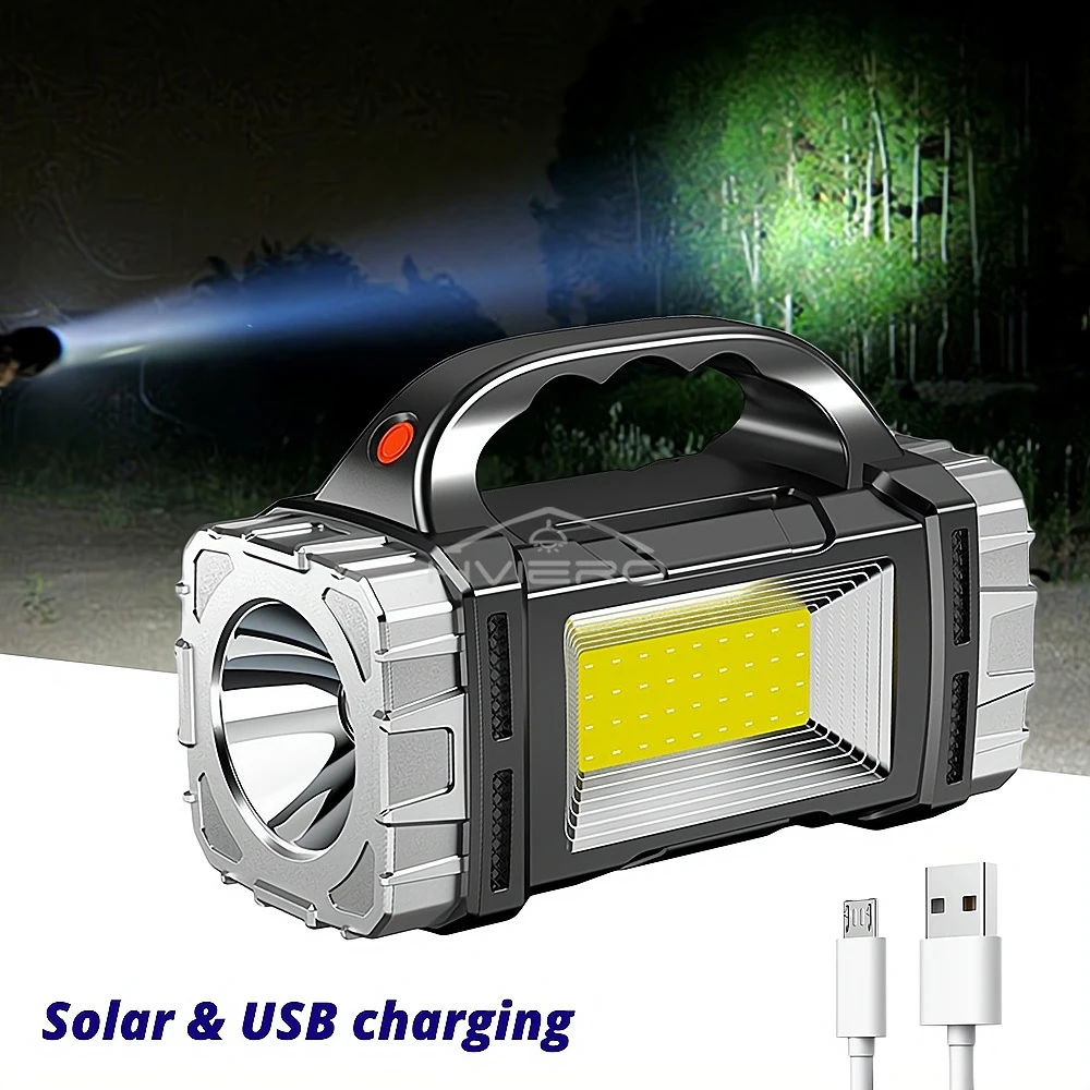Solar Portable Lights LED Searchlight Handheld Flashlight Waterproof USB Charging COB Side Lamps for Outdoors on Foot Campings
