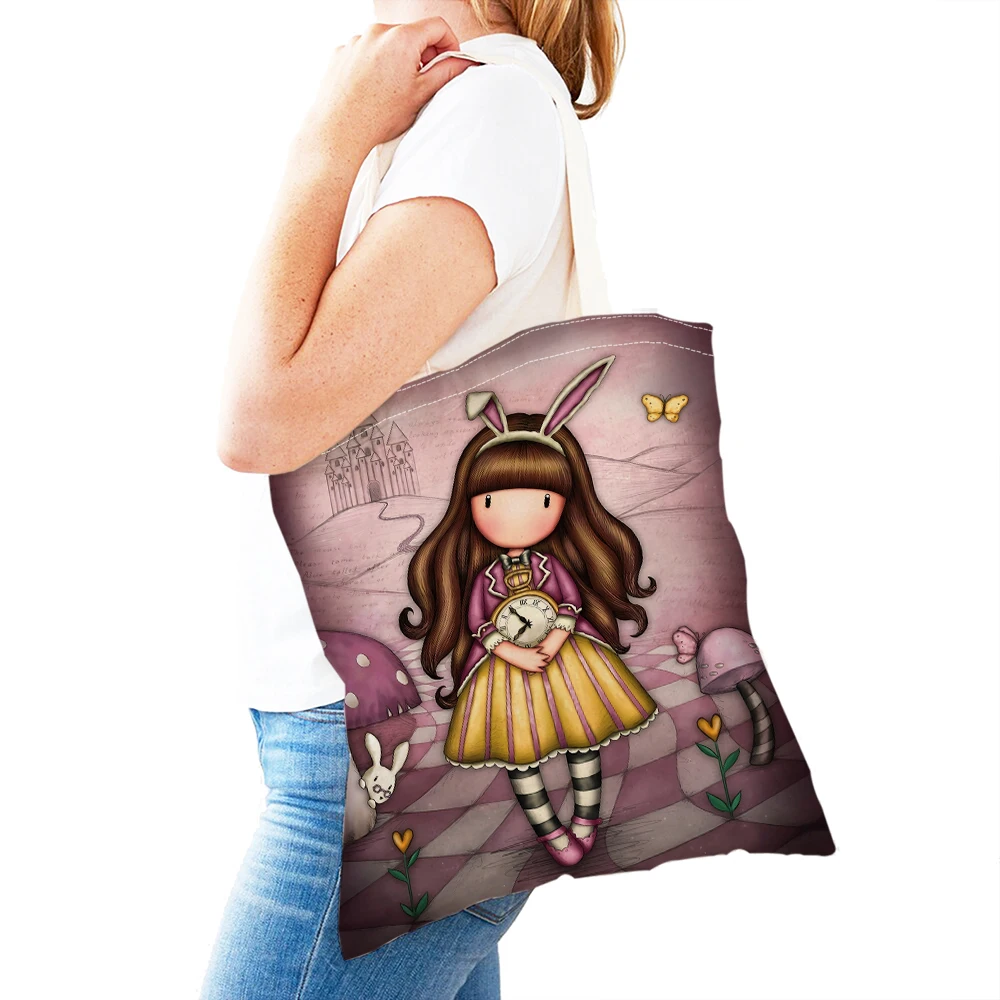 Cute Cartoon Girl Double Print Reusable Eco Canvas Shopper Bag Handbag Tote Casual Fairy Tale World Lovely Child Shopping Bags