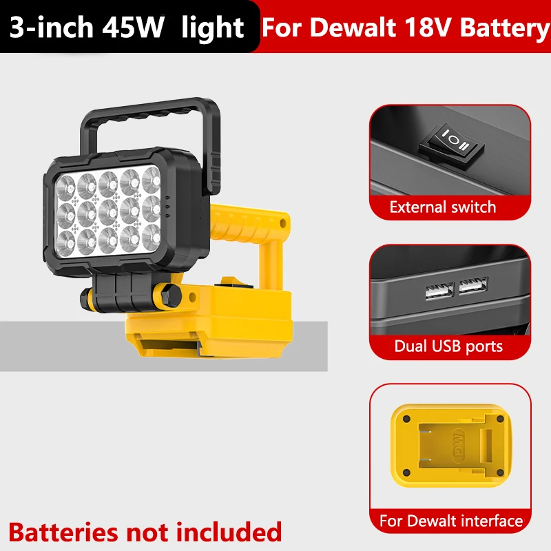LED-werklantaarn voor Dewalt 18V 20V Li-ion batterij met dubbele USB-poorten Heldere draagbare lamp voor reparatie-aanpassing 3/4/5/8inch