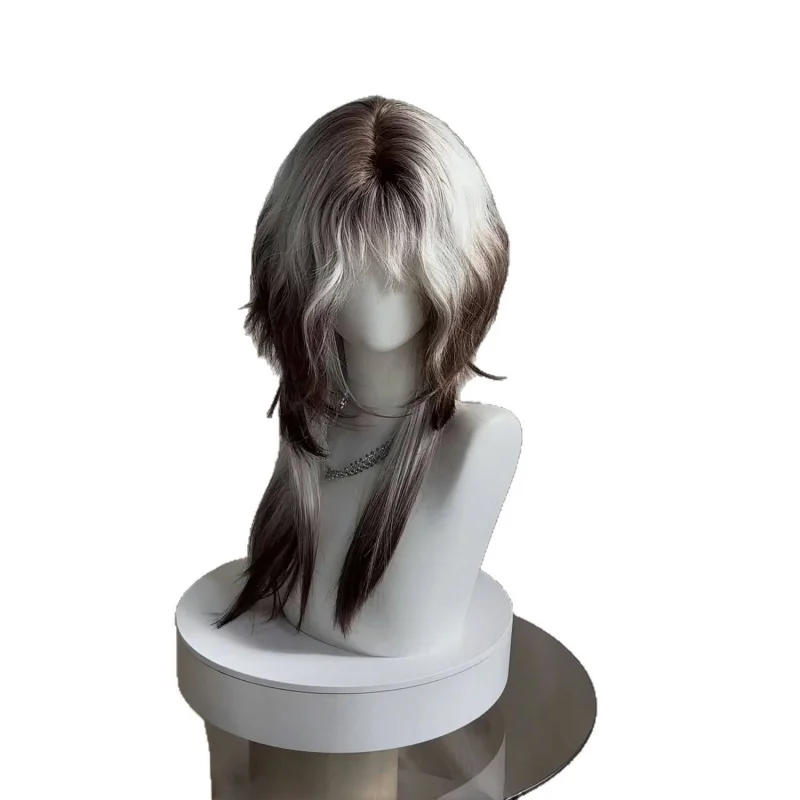 Wig with mullet cut, long length, wolfish youthful look, white-brown gradient, jellyfish curls, natural high-layered full headpi