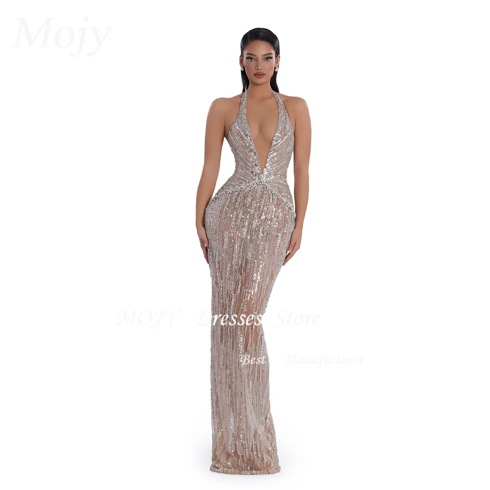 Mojy – robe longue à paillettes, col en v, trompette sirène et fente haute, tapis rouge, Galas, robes d'occasion sur mesure perlées