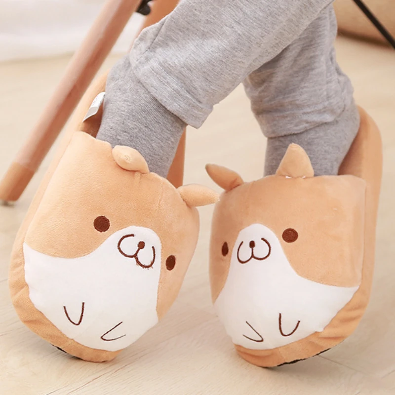 Lovely Corgi Dog Slippers Cartoon Cute Double Shiba Inu Warm Plush Slippers Home Slip Cotton Pad Shoes One Size Women Shoes