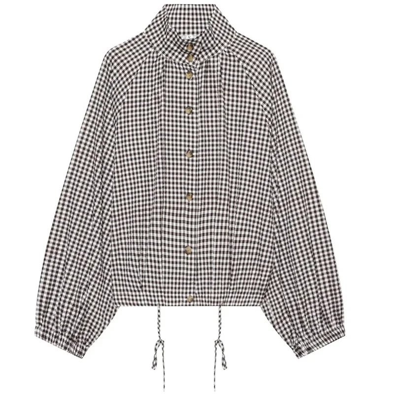 HXAO Gingham Cropped Jacke für Damen, Knopfverschluss, Übergroße Bomberjacke für die Übergangszeit, Vintage-Chic, Langarm-Oberteil, Karierter Mantel – Detail 4