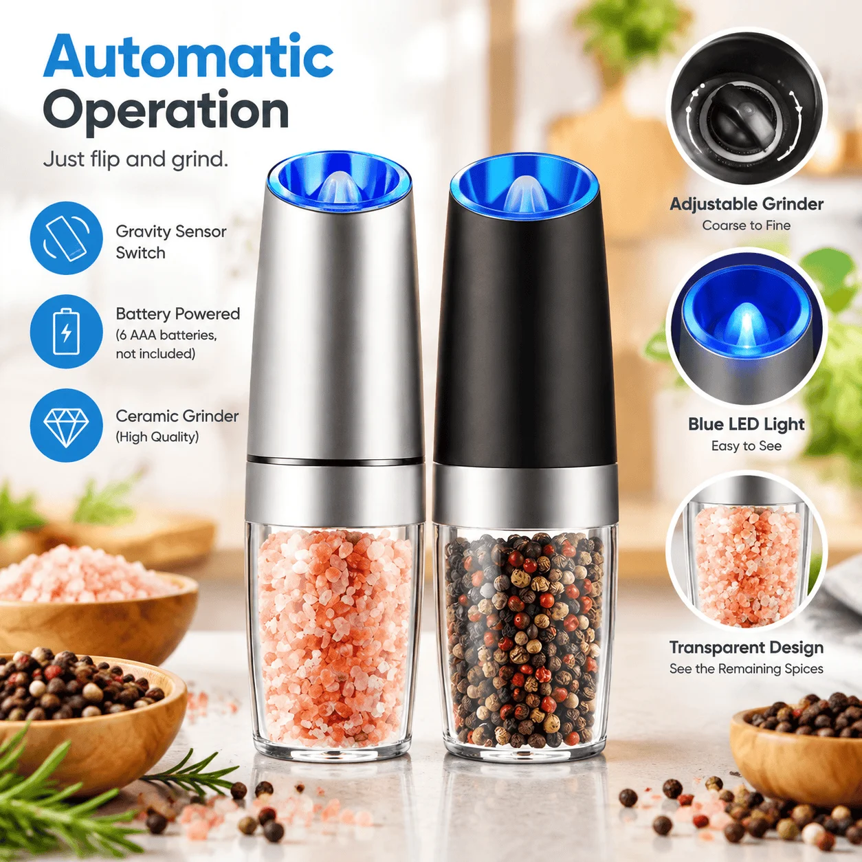 Gravity Electric Salt and Pepper Grinder - Battery Powered Salt or Pepper Mill with Adjustable Coarseness and LED Light, Easy Operation for Kitchen Dining BBQ Cooking, Grind Fresh for Better Flavor, Great for Home Cooks