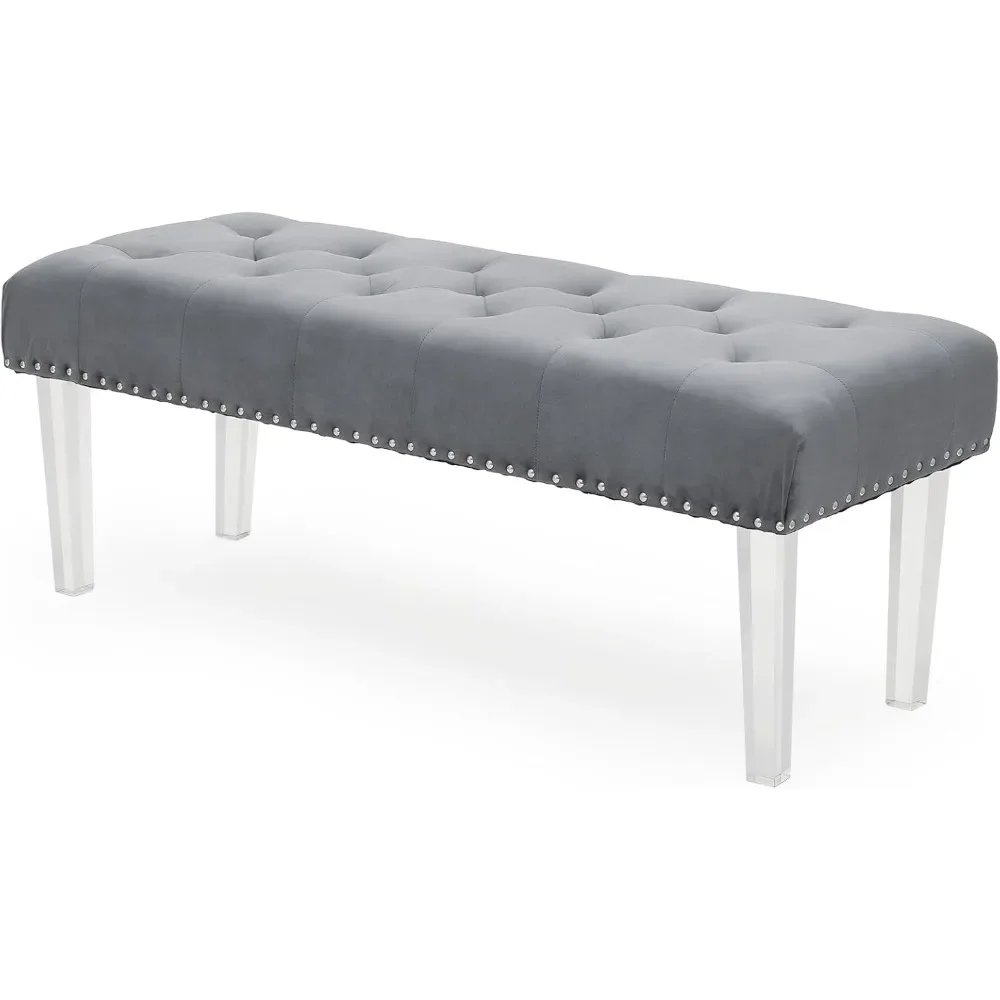 

Серая османская скамья на пуговицах, 47-дюймовый табурет с мягкой подставкой для ног, прямоугольная обеденная скамья с акриловой хрустальной ножкой