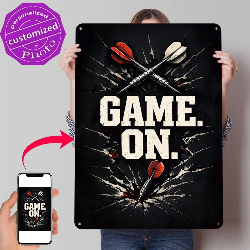 GAME. ON. Darts 3D Printed Texture Poster Personalized Wall Art Retro Metal Tin Signs for Vintage Decoration Gaming Home Decor