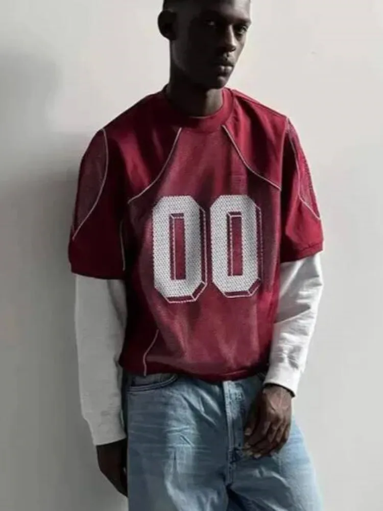 American-style Summer New Hollow-out High Street Niche Design Short-sleeve T-shirt Red Number Printting Pullover Top BAI3