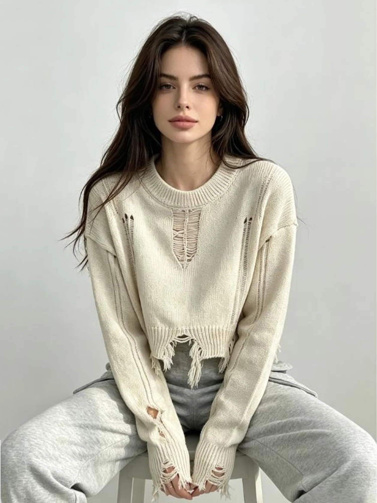 Women Apricot O-Neck Ripped Pullover Knitwear Long Sleeve Knitted Sweater Y2k Gyaru Vintage Elegant Knit Top Autumn Winter 2026