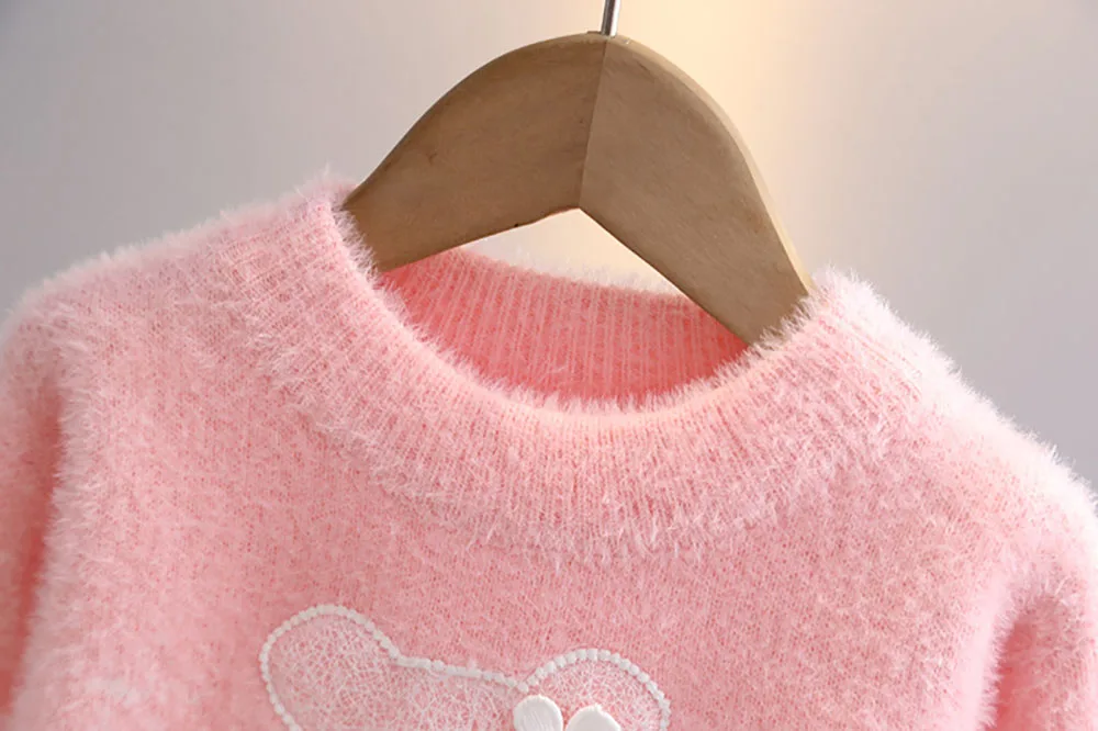 Faux Fur Winter Sweaters For Girls Korean Style Cute Bear Little Girl's Knitwear Round Neck Thick Warm Wool Cashmere Pullover