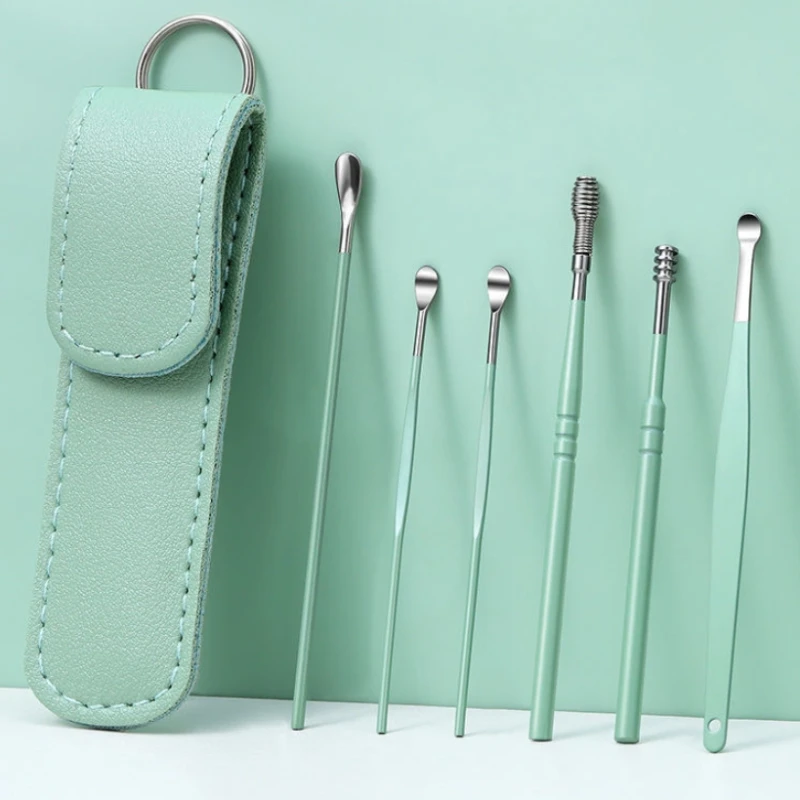 6Pcs/Set Ear Digging Spoon Set Long Head Spiral Spring Ear Spoon Easy Clean Stainless Steel Portable Ear Care Cleaning Tools