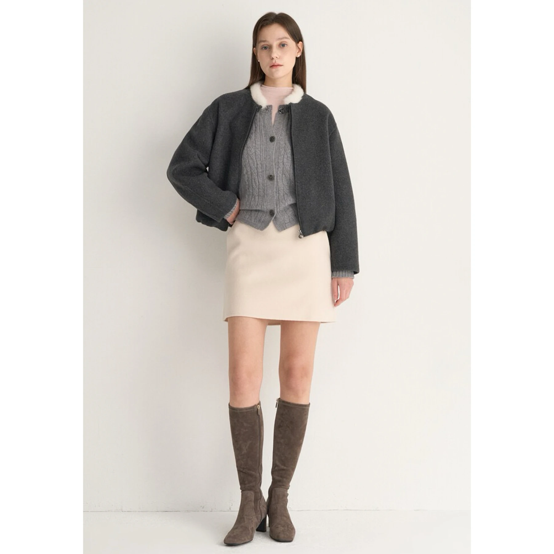 Abnehmbarer echter Nerzpelzkragen rund Ne ort Woolen Jaet Lemon Cheese MIN25 Winter Damen Faion Commute Sle Coat