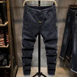 Spring Autumn 2022 New Drawstring Elastic Waist Denim Jeans Men's Slim Feet Pants Korean Fashion Casual Pants Harem Baggy Jeans