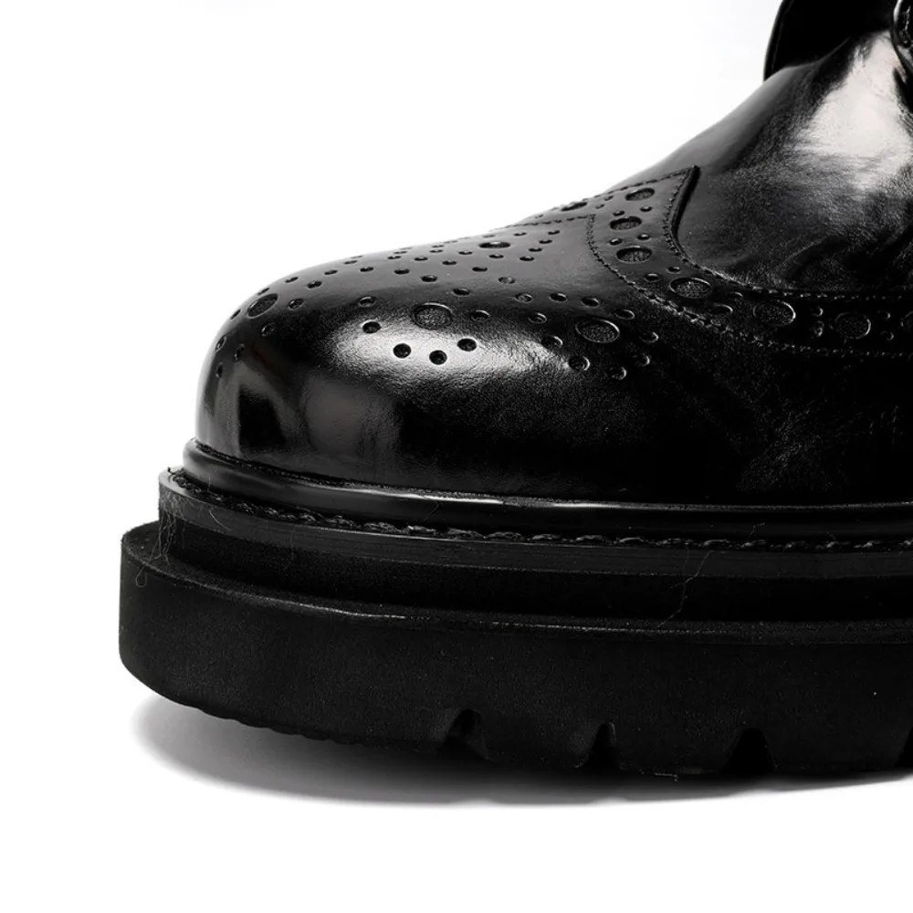 Men's Formal Full Grain Calf Leather Brogue Derby Shoes Thick Sole Handcrafted Carved Grain Dress Shoes