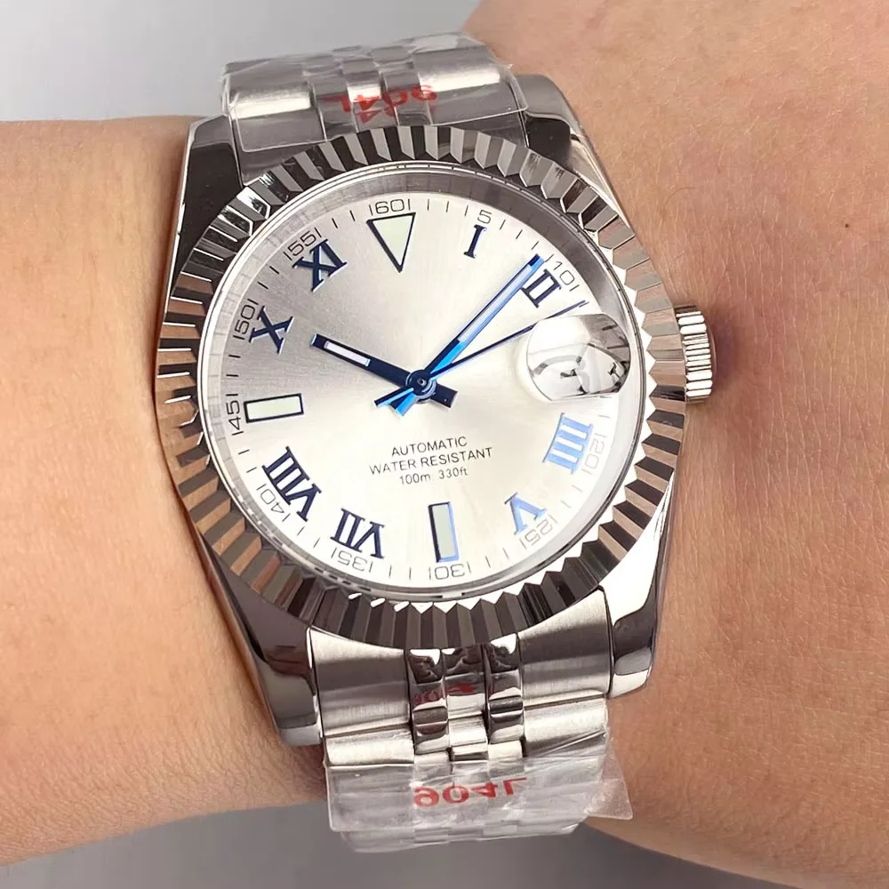 200M Waterproof 36mm 39mm Sunburst Silver Blue Grey Dial Roman Numbers Sapphire Glass NH35 Leisure Dive Watch Men Steel Bracelet