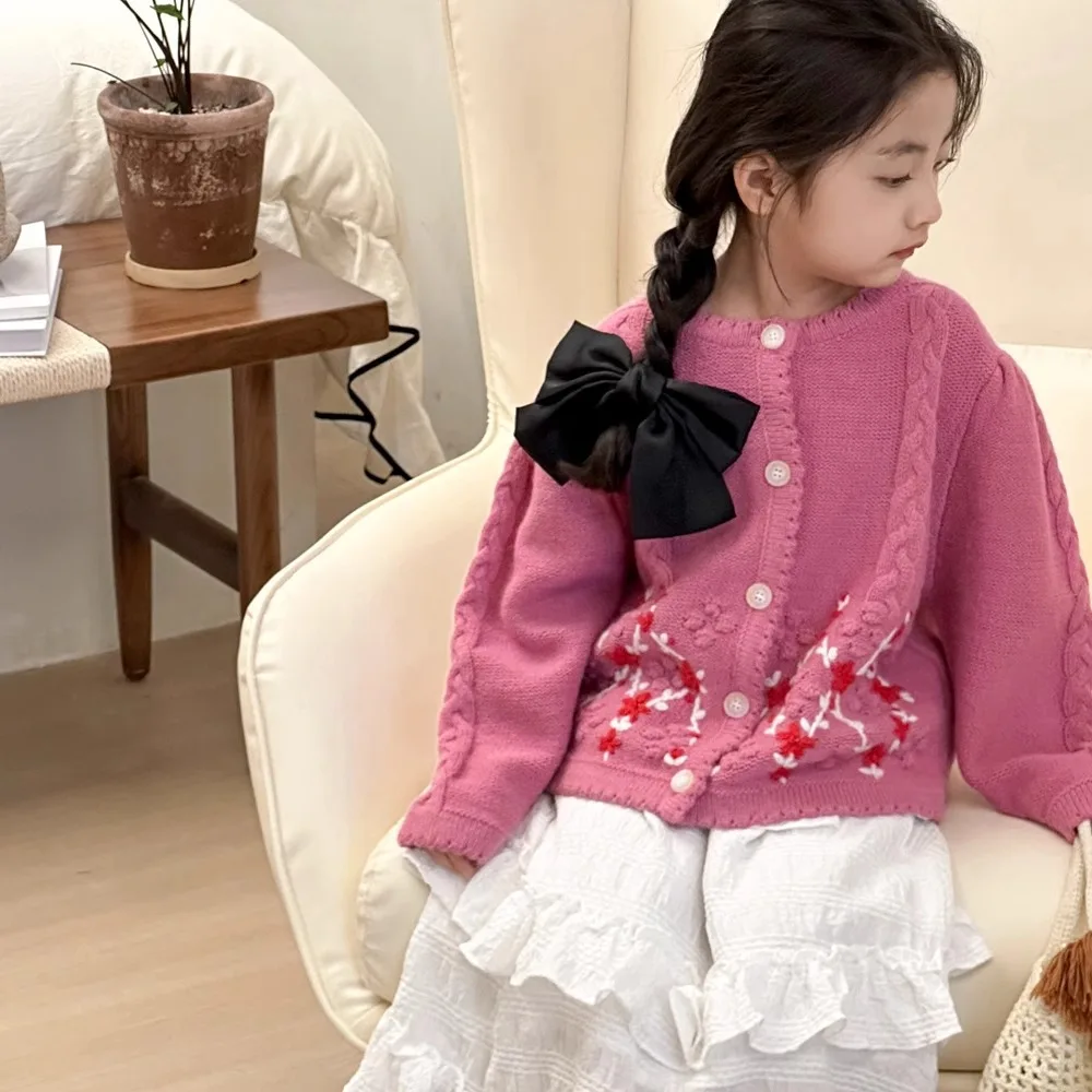 

Girls Sweater 2024 Autumn New Childrens Clothes Korean Style Knitted Cardigan Coat Foreign Style Children Casual Simple Match