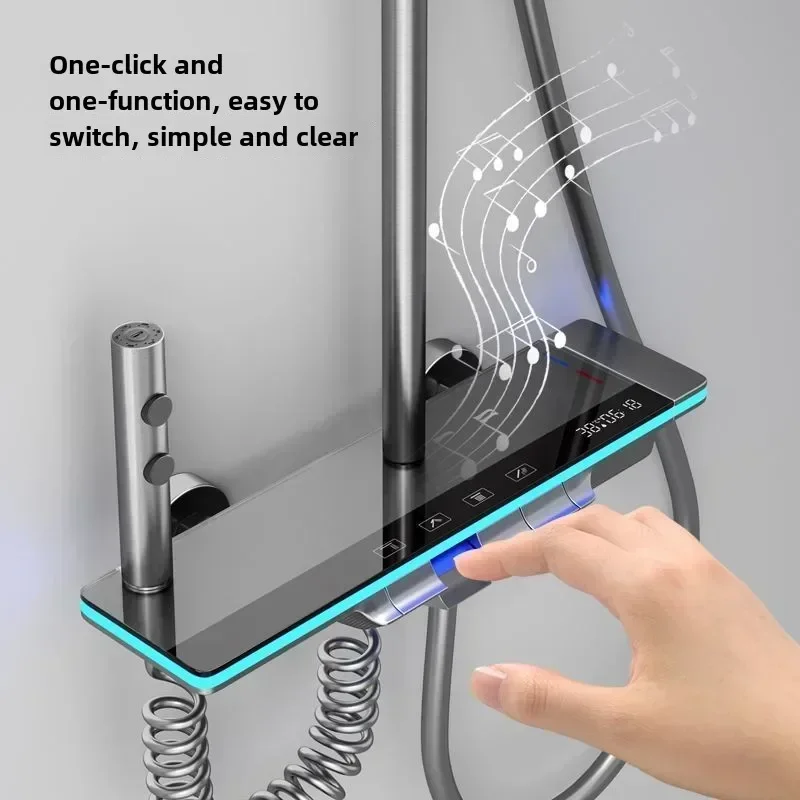 Luxury Mixer Shower System with Digital Display Thermostat Piano Key Controls Tempered Glass Panel LED Light Bathroom Set