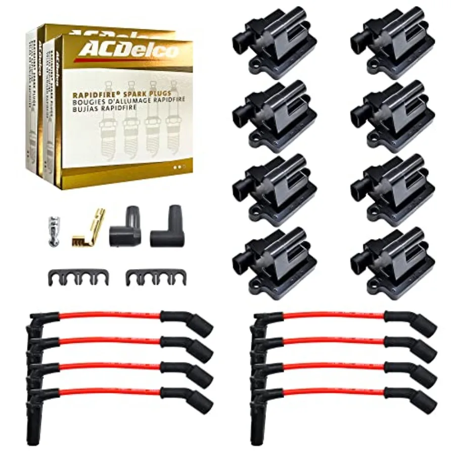 

Set of 8 Square Ignition Coil Pack UF271 and OEM ACDelco 6 Platinum Spark Plugs and 8.5mm Wires Compatible with Chevy Sierado S