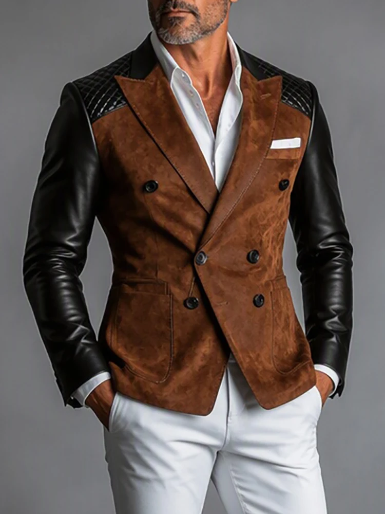 Men Suede Patchwork PU Leather Wedding Guest Blazer Peak Lapel Quilted Shoulder Slim Fit Winter Faux Leather Vintage Formal Suit