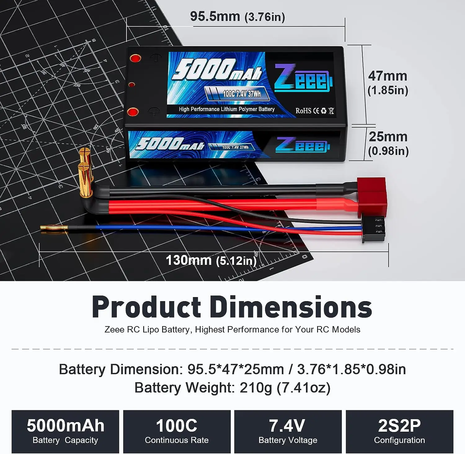 Zeee 2S 5000mAh Shorty Lipo Battery 7.4V 100C Hardcase with 4mm Bullet T Plug for RC Car 1/10 Trucks Buggy Boats RC Model Parts