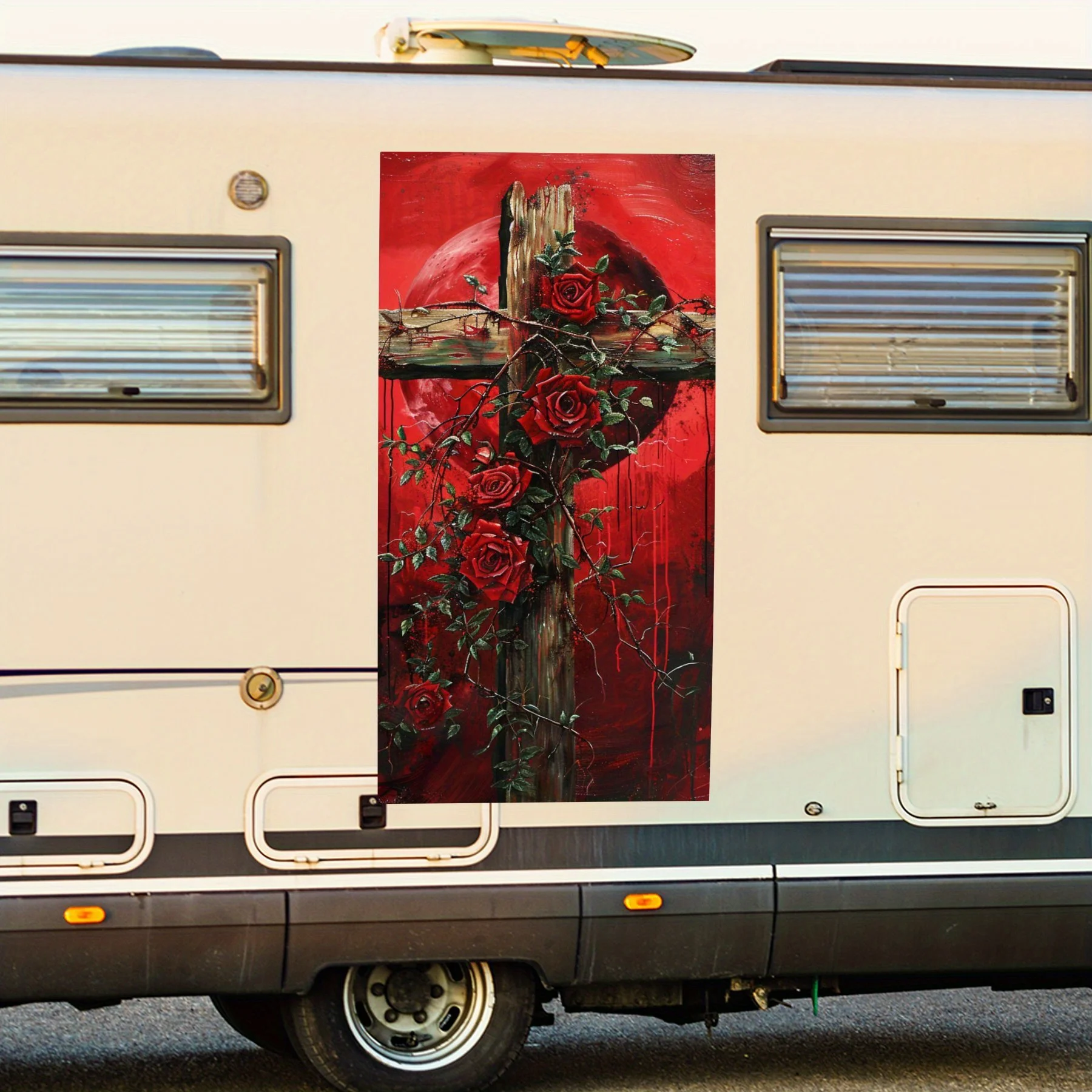 

Готическая наклейка на автомобиль с красным крестом и розами, виниловые наклейки для дома с мотором для украшения и защиты - водонепроницаемая самоклеящаяся виниловая наклейка