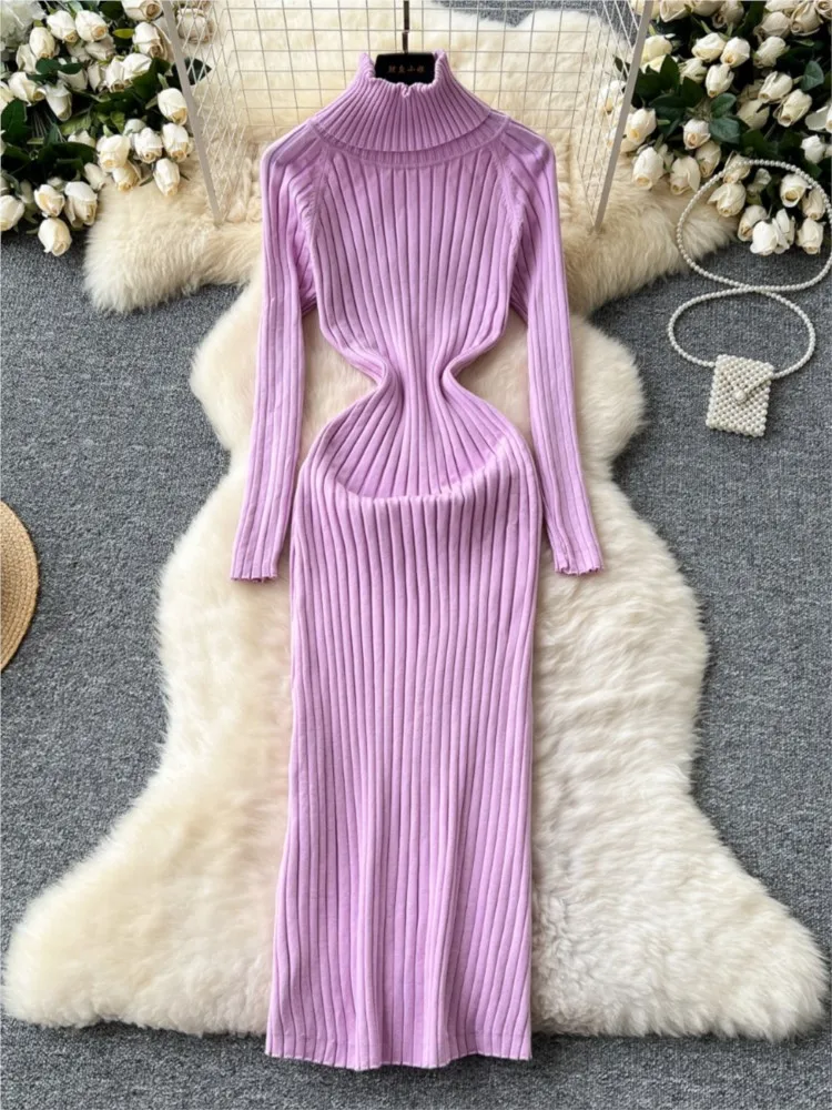 Autumn Solid Knitted Dresses for Women Elegant Turtleneck Bodycon Party Dress Female Casual Slim Party Prom Vestidos Mujer New