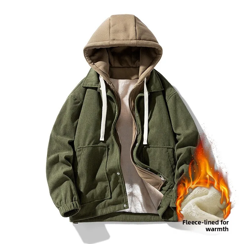 

2025 Hot-Selling Corduroy Faux Two-Piece Jacket for Men, Autumn and Winter Thickened Fleece Hooded Casual Loose Baseball Jacket