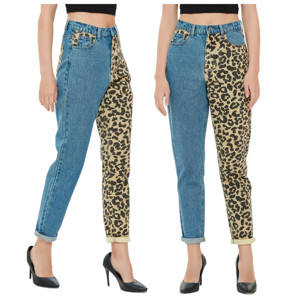 Women's Jeans High Street Leopard Print Color Blocked Jeans Fashion Leopard Denim Pants Straight Leg Pants