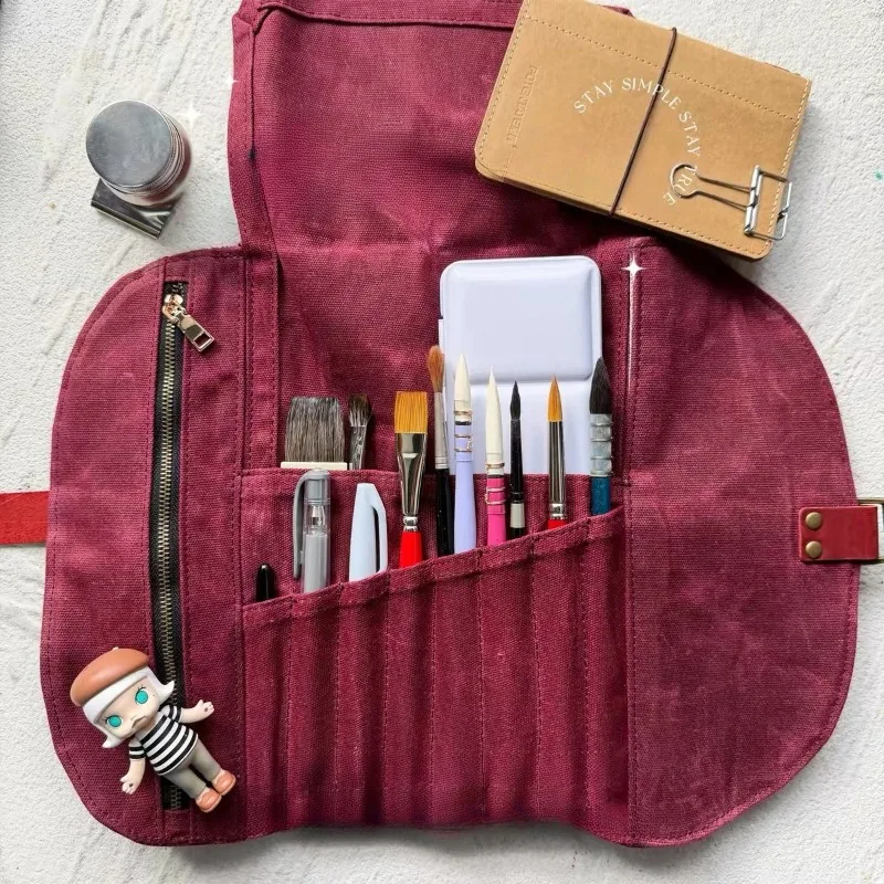 Portable Oil Wax Canvas Roll Waterproof Art Brush Storage Bag Travel Artist Sketch Stationery Drawing Art Supply Storage