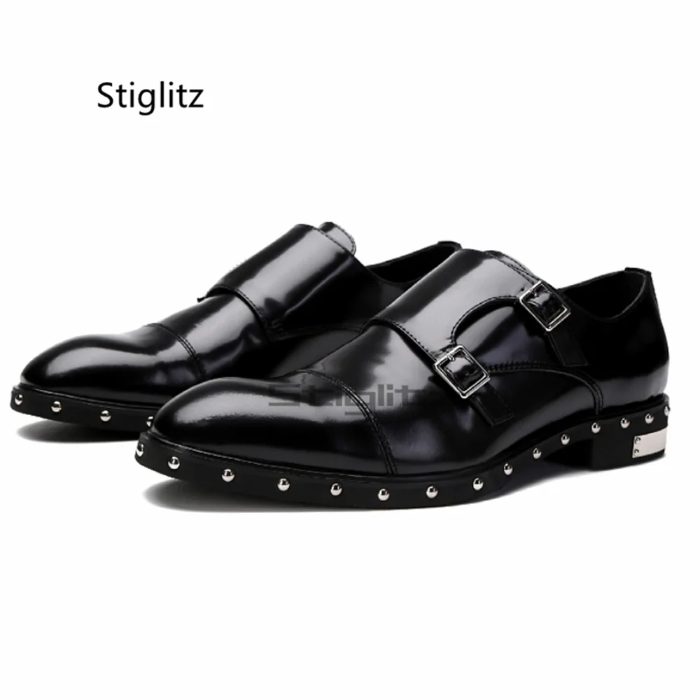 Men's British Style Rivet Oxford Shoes Black Genuine Leather Belt Buckle Business Dress Shoes Banquet Wedding Handmade Shoes