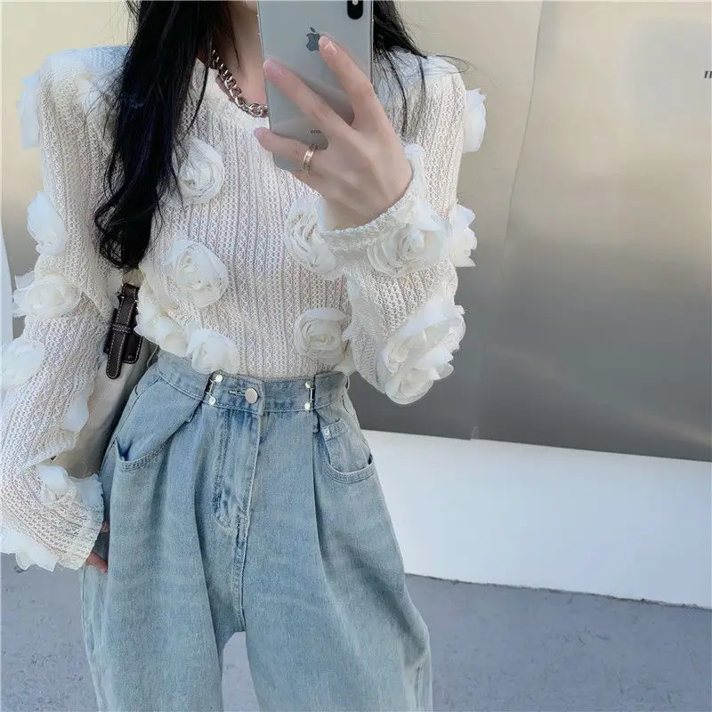 Women Sweater 2023 Spring Autumn New Fashion Korean 3D Flower Casual LooseSweet O-Neck Girls Sweater