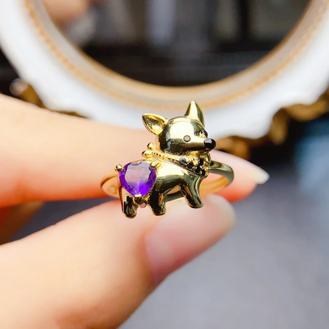 FS S925 Sterling Silver Inlay 5mm Natural Amethyst Corgi Dog Ring for Women Fine Charm Wedding Jewelry With Certificate MeiBaPJ