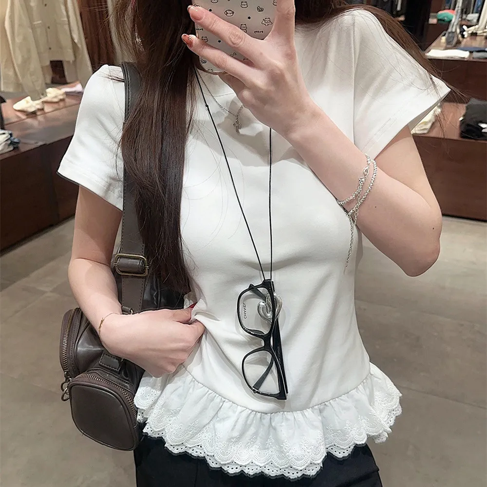 Lace Splice Korean Fashion T-shirts Slim Y2K Kpop Tops Kawaii Vintage Sexy Tees Goth Harajuku Cheap Clothes Woman Tshirts