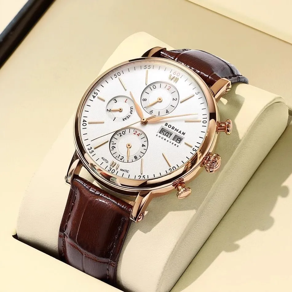 BORMAN, relojes mecánicos automáticos de lujo para hombres, calendario de movimiento de gaviota, reloj multifunción con cristal de zafiro, reloj resistente al agua