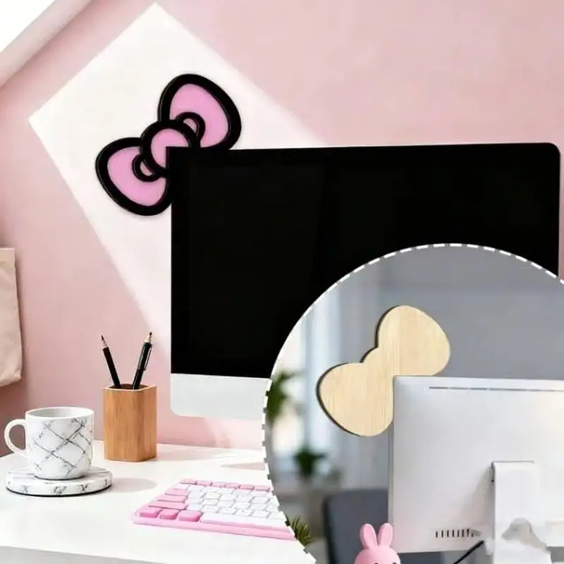 New 1/2Pcs Wooden Bowknot PC Accessories Kawaii 2D Bow Monitor Decor Cute Desktop Decoration For Gaming Setup Screen Home Office