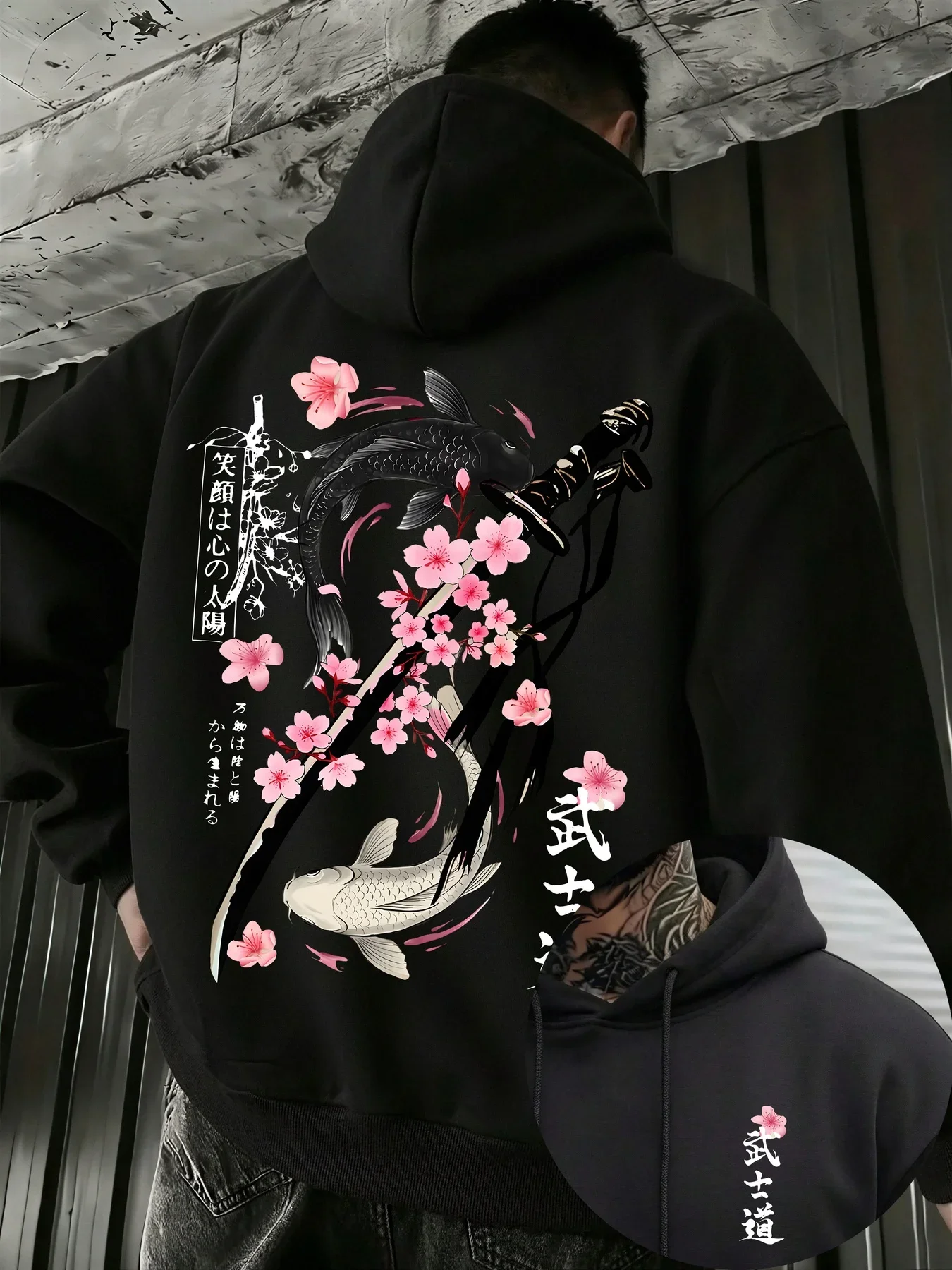 Men's Samurai Hoodie Japanese Koi Fish Katana Sakura Print Oversized Pullover Sweatshirt Streetwear Autumn Winter Vintage Trendy