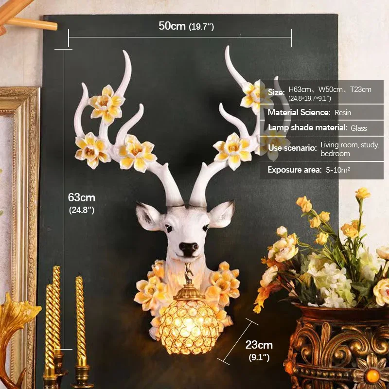 Contemporary Deer Head Wall Lamp Resin Beautiful Plum Blossom Crystal Lights LED Creative Decor Home Living Room Bedroom