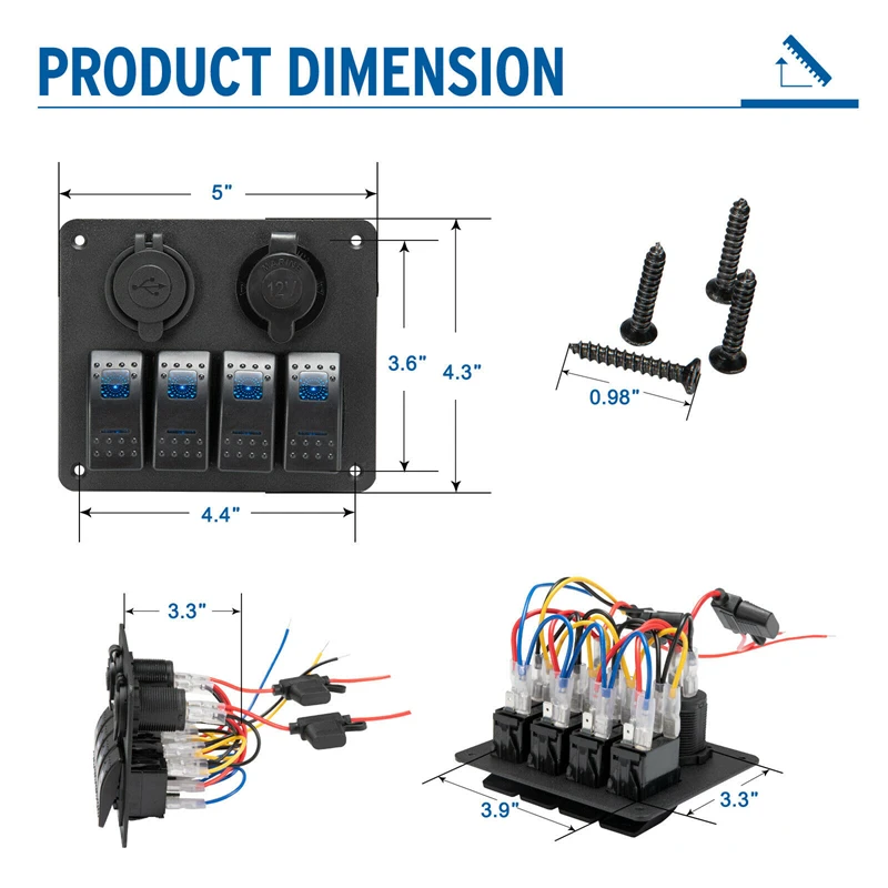 4/3 Gang Toggle Rocker Switch Panel with Dual USB Ports Dual USB Port Circuit Breaker for Car RV Camper Caravans